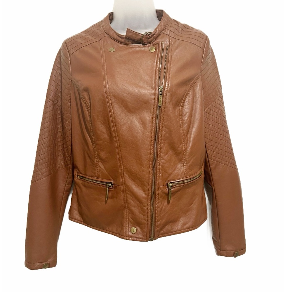 Indigo Saints faux leather camel/brown moto jacket. Size L.